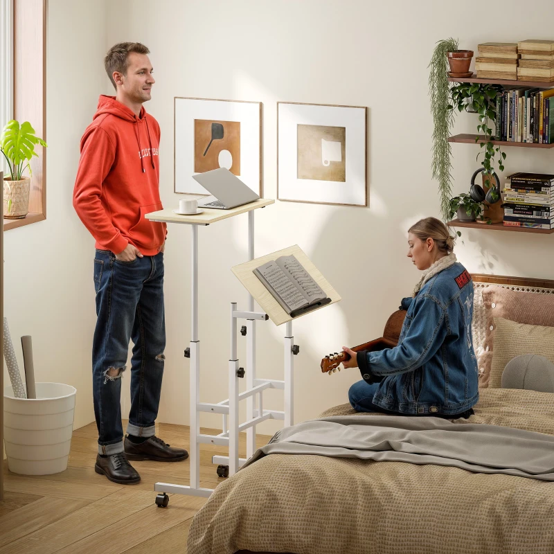 HOMCOM Bureau assis debout bureau réglable en hauteur 60 x 60 cm à roulettes avec plateau inclinable cadre en métal naturel