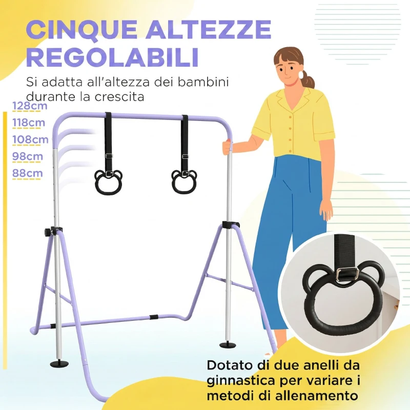 HOMCOM Sbarra Ginnastica Artistica per Bambini ad Altezza Regolabile con 2 Anelli, in Acciaio, 148x105x88-128 cm, Viola