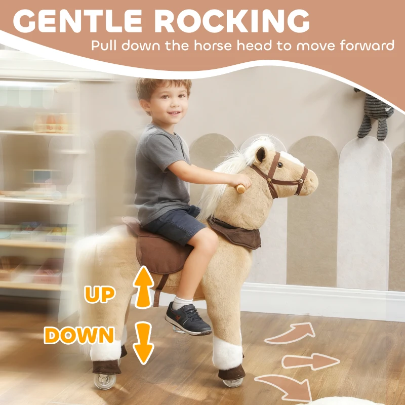 AIYAPLAY Rocking Horse, Plush Ride On Horse with Rolling Wheels & Saddle, Ride On Pony Toy for Kids 3-5 Years, Up to 25kg, Brown