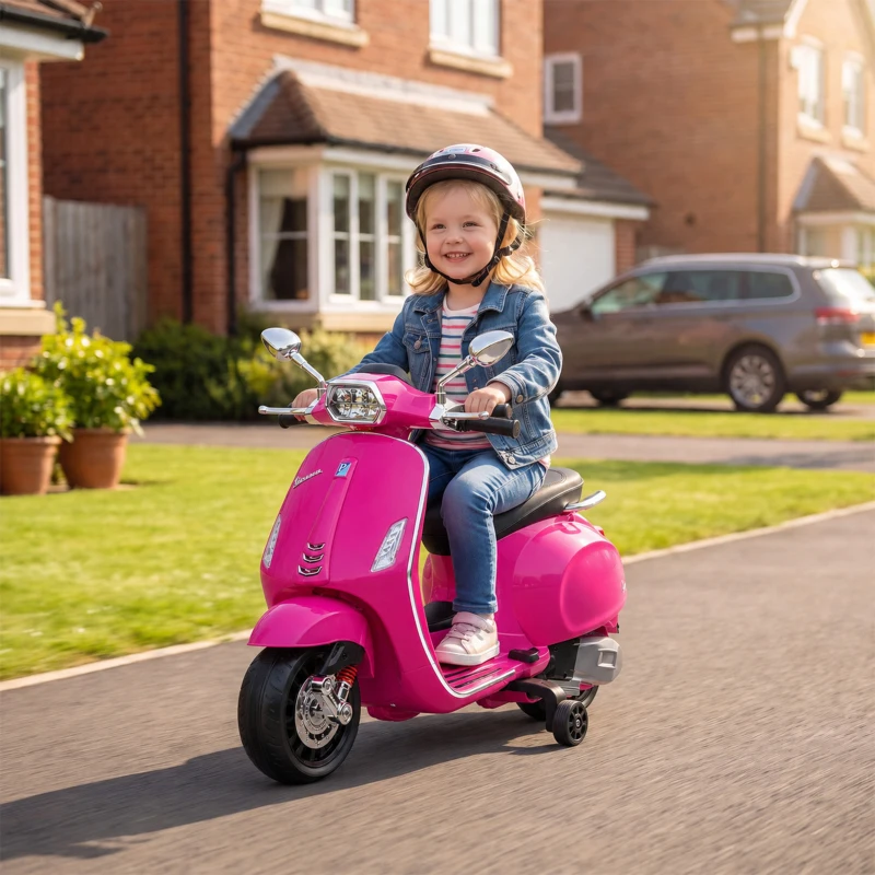 AIYAPLAY Scooter électrique enfant Vespa 6 V dim. 107L x 47l x 73H cm Musique MP3 Port USB Phare 2 roues d'entraînement - Rose