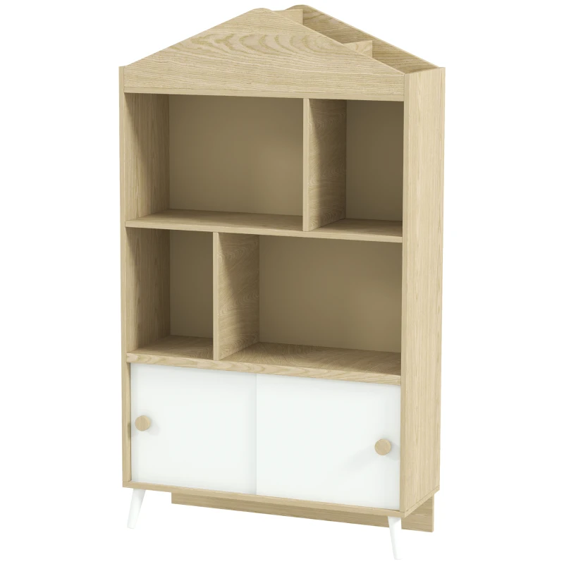 AIYAPLAY Librería Infantil con 4 Compartimentos Estantes Abiertos y Armario 80x30x140,5 cm Blanco y Natural