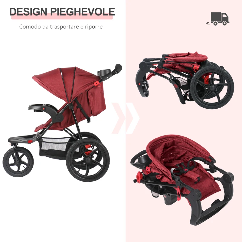 HOMCOM Triciclo Leggero Reclinabile e Pieghevole, Carrozzina per Bambini 6-36 Mesi Fino a 15kg con Portabicchieri, Rosso