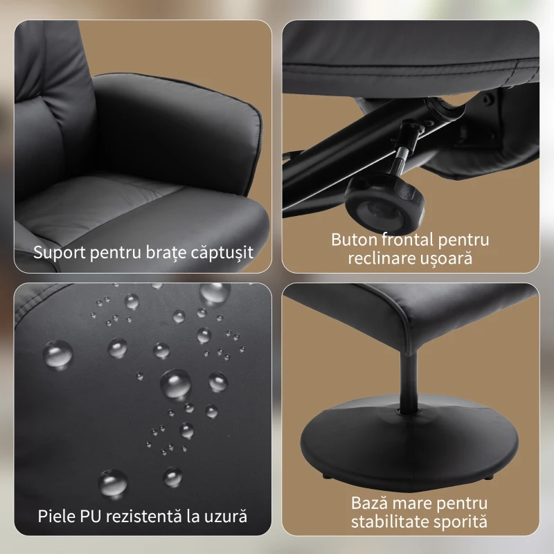 HOMCOM Fotoliu Relaxant cu Suport pentru Picioare, Reclinabil 145° cu Șezut Rotativ, cu 10 Puncte de Masaj, Negru