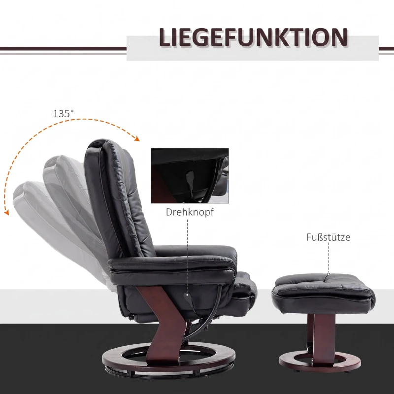 HOMCOM Relaxfauteuil met voetenbank, draaibare ligstoel, verstelbare rugleuning, lederlook, tot 130 kg, zwart