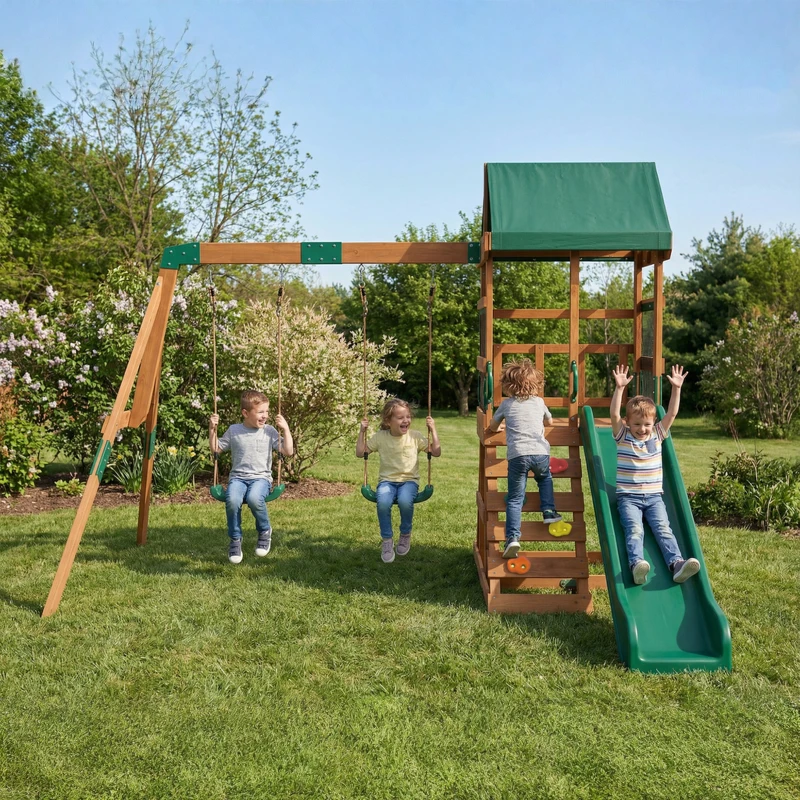 AIYAPLAY Aire de Jeux portique en Bois avec 2 balançoires et Toboggan, Mur d'Escalade et Terrasse Couverte, pour 3 à 8 Ans