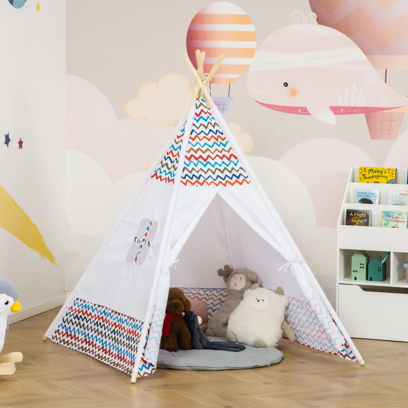HOMCOM Tienda de Campaña para Niños de +3 Años Tipi Infantil de Madera Portátil con Ventana para Interiores y Exteriores 120x120x155 cm Blanco
