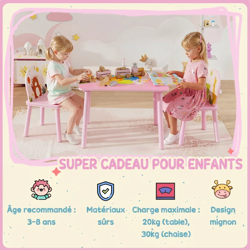 AIYAPLAY Table enfant avec chaise, ensemble table et 2 chaises en bois pour dessiner, jouer, étudier, rose