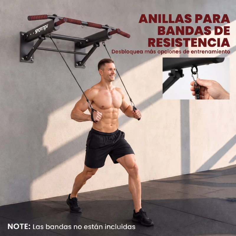 SPORTNOW Barra de Dominadas para Pared Plegable con 3 Anillas para Bandas de Resistencia Agarres Antideslizantes Capacidad 120 kg Negro
