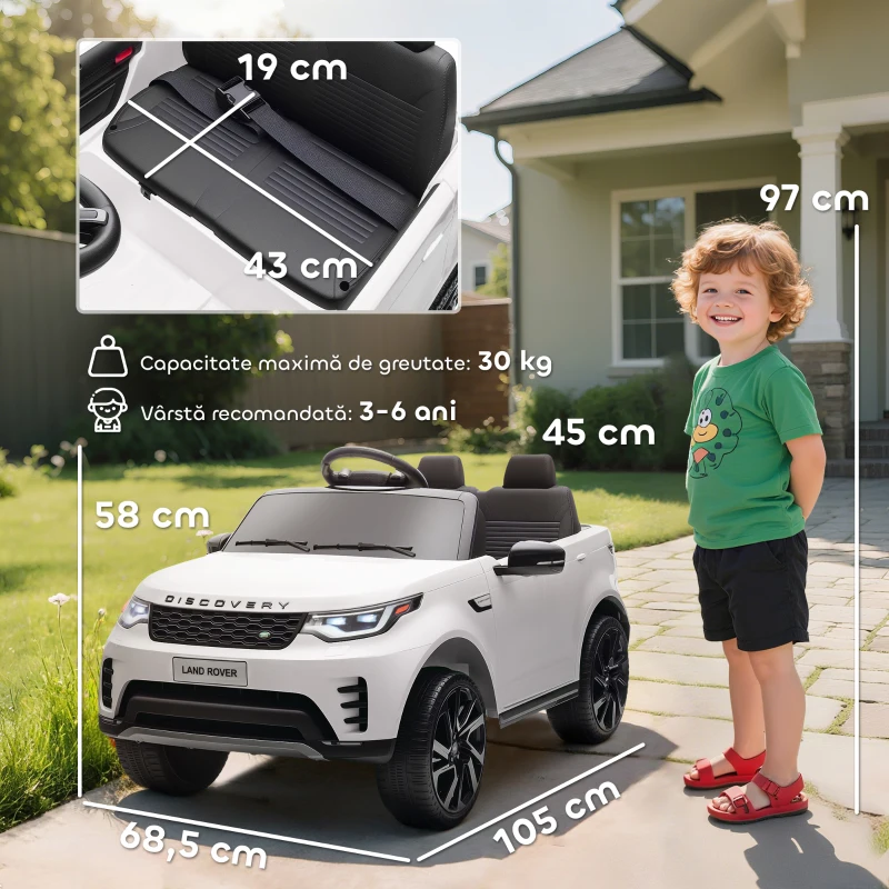 AIYAPLAY Mașină Electrică pentru Copii cu Licență Land Rover, Faruri LED, Claxon și Telecomandă, 105x68.5x58 cm, Albă
