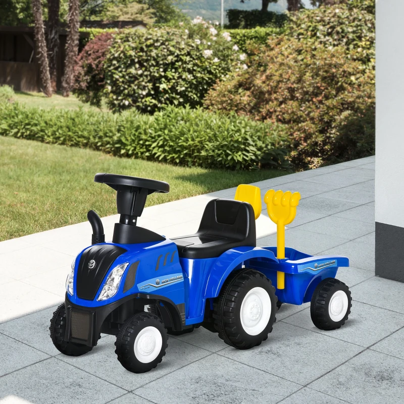 HOMCOM Porteur tracteur enfants avec coffre amovible, râteau et pelle, voiture enfants avec lumière LED et klaxon, bleu
