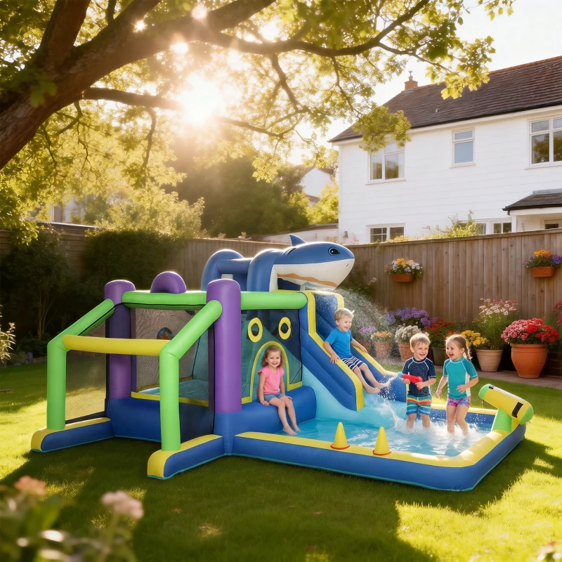 AIYAPLAY 8-in-1 aufblasbar Hüpfburg mit Hai-Design Gebläse Rutsche Planschbecken Trampolin für 3–8 Jahre 405x345x235cm Mehrfarbig