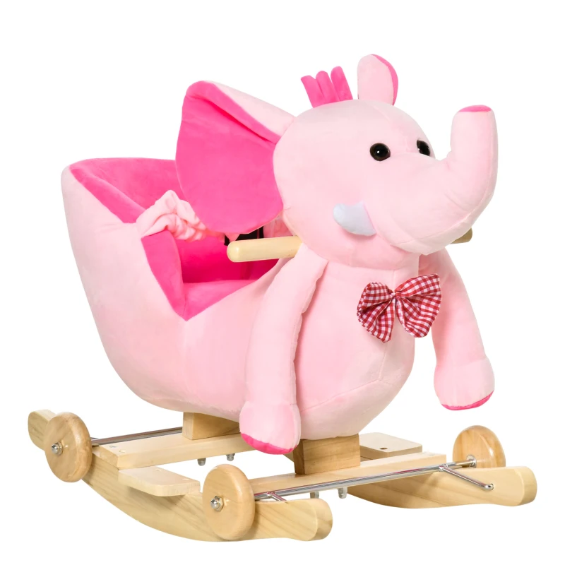 HOMCOM Cheval à Bascule Jouet à Bascule éléphant et Porteur sur roulettes 2 en 1 Fonction Musicale 32 Pistes Ceinture sécurité Rose