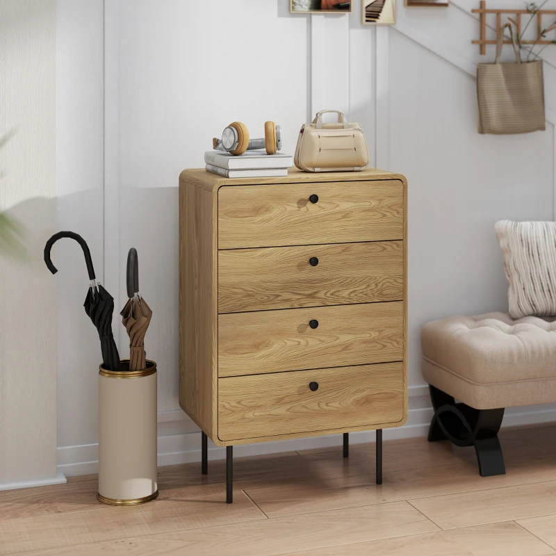 HOMCOM Commode 4 tiroirs, meuble de rangement étroit avec pieds en acier, coins arrondis, 60 x 39 x 91,5 cm, chêne