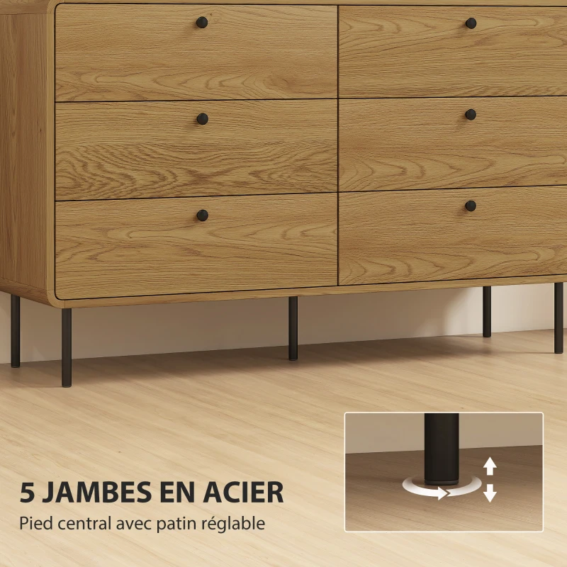 HOMCOM Commode 6 tiroirs meuble de rangement style moderne coins arrondis et pieds en acier 120 x 40 x 75cm effet bois de chêne