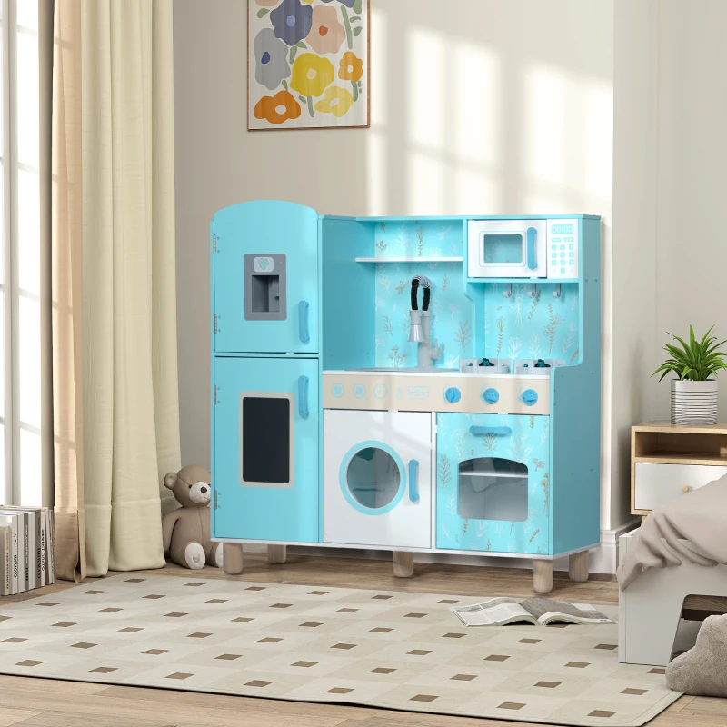 AIYAPLAY Cozinha de Madeira para Crianças com Sons Fogão Forno Micro-Ondas Máquina de Gelo e Acessórios 90x33,3x91,6 cm Azul
