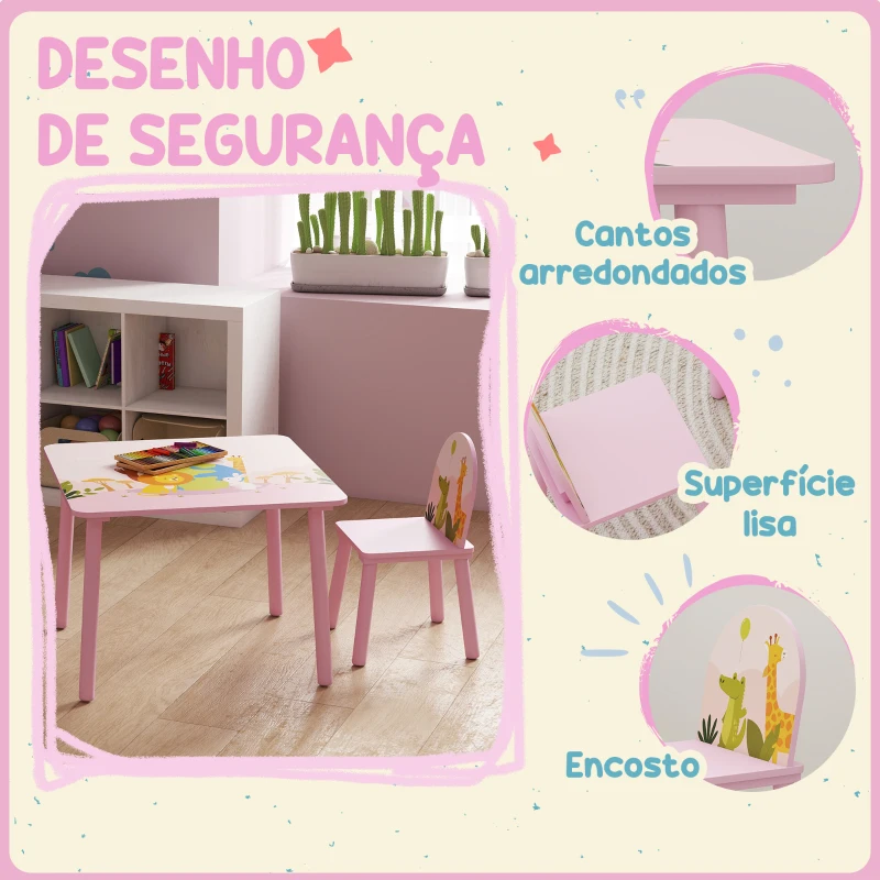 AIYAPLAY Mesa e Cadeiras para Crianças com Estampados de Animais para Meninos e Meninas de 3-8 Anos para Casa Escola Infantil Rosa