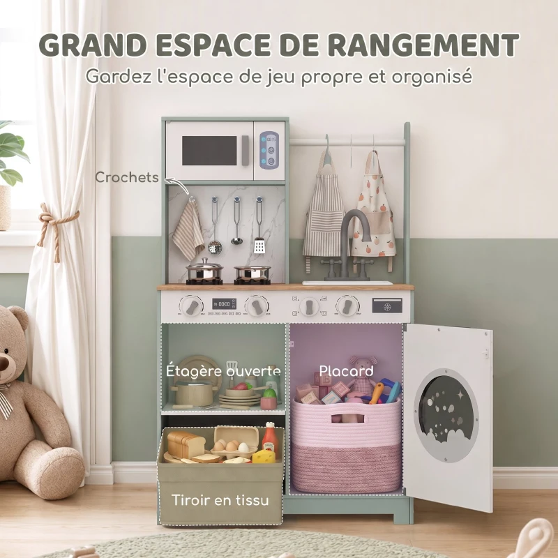 AIYAPLAY Cuisine enfant jouet d'imitation, dinette enfant avec cuisinière, évier, micro-ondes, 5 accessoires, vert