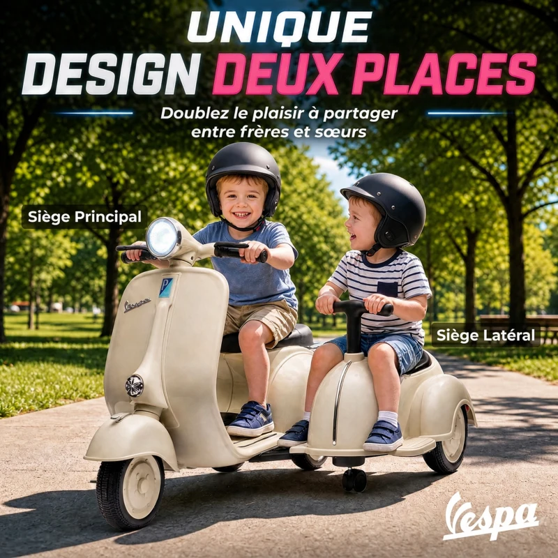 AIYAPLAY Moto Électrique Enfants sous Licence VESPA 6V 2 Places, Vitesse 3-5 Km/h, Démarrage Progressif, Crème