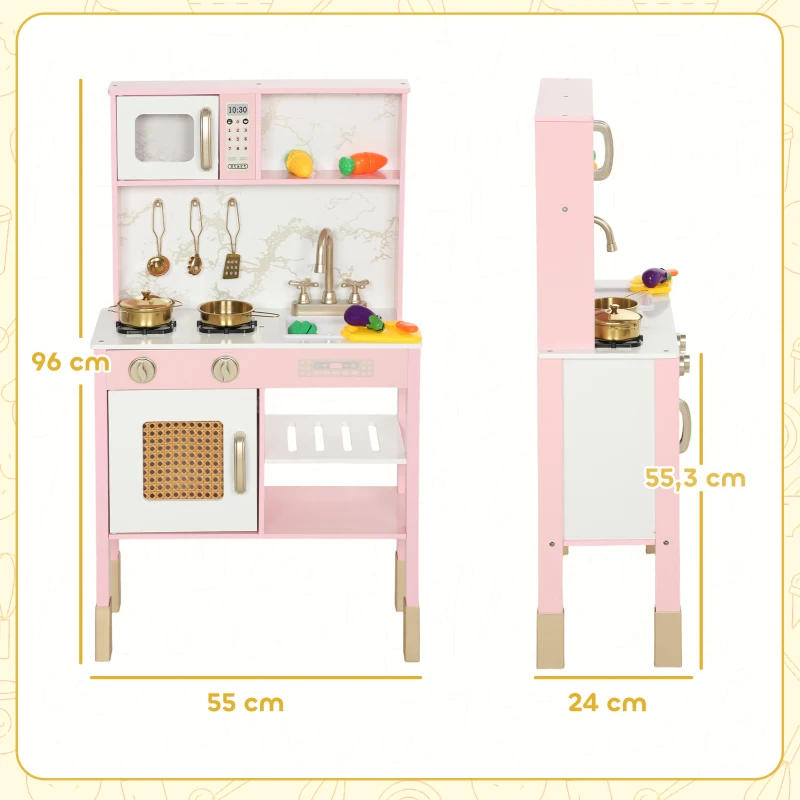 AIYAPLAY Cozinha de Brincar em Madeira com Som Acessórios em Aço Inoxidável Micro-Ondas Forno Lava-Loiças Legumes para Cortar 55x24x96 cm Rosa