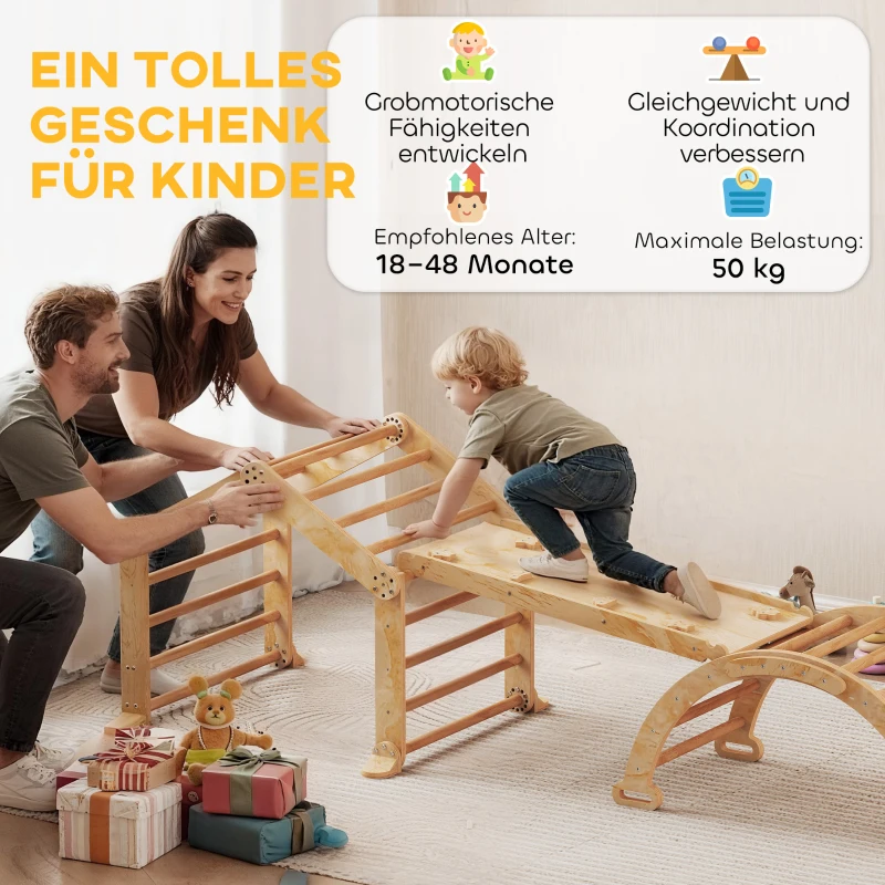 AIYAPLAY 9-in-1 indoor klimrek, helling, glijbaan, ladder, krijtbord, voor peuters, hout(m-8)
