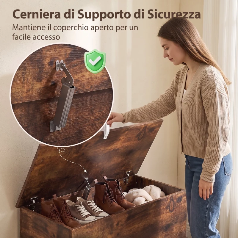 HOMCOM Cassapanca Contenitore 102L con Coperchio di Sicurezza, 80x40x45 cm, Marrone Rustico