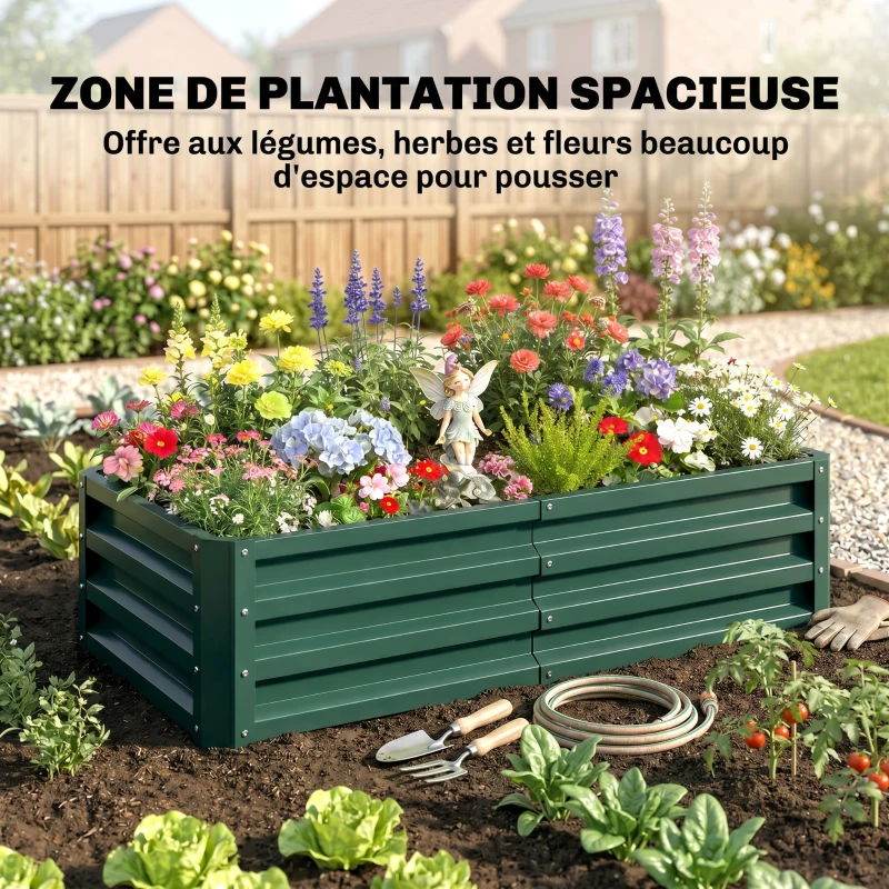 Outsunny Carré potager de jardin rectangulaire tôle d'acier ondulée 120 x 60 x 30 cm vert foncé