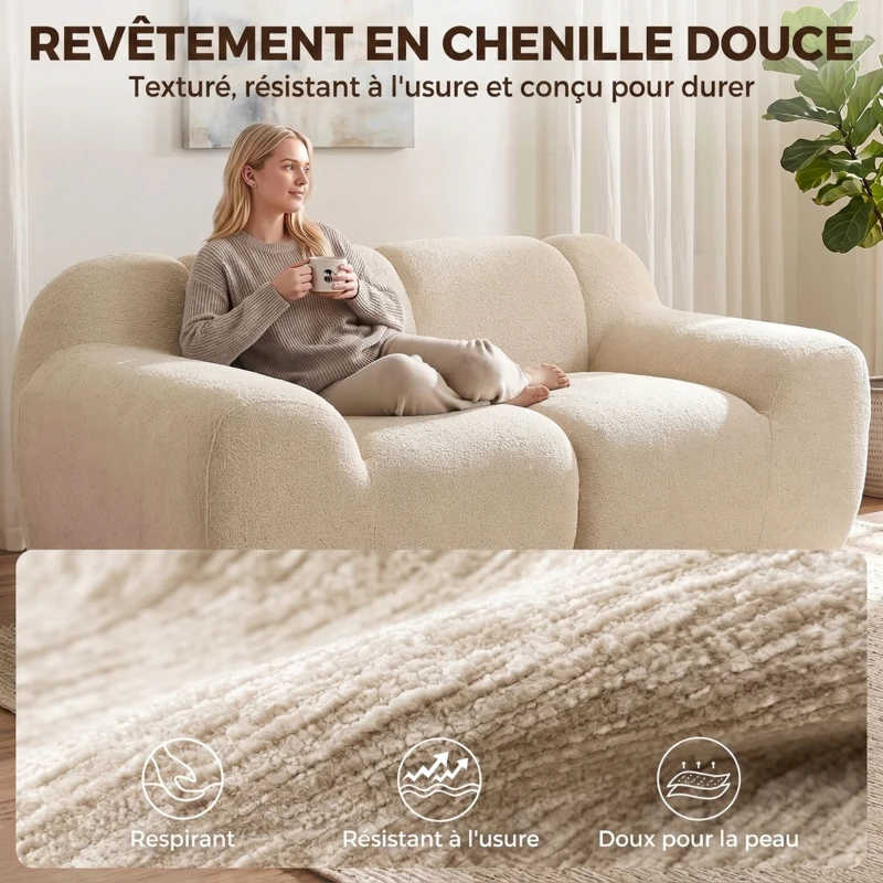 HOMCOM Canapé 2 Places en Chenille, Canapé de Salon 174cm, Assise et Accoudoirs Larges Rembourrés, Entièrement Compressé, Beige