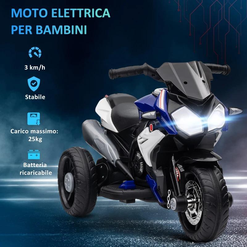 HOMCOM Moto Elettrica per Bambini 3-5 Anni Max. 25kg con Luci, Musica, Batteria 6V e Velocità 3km/h, 86x42x52 cm Blu