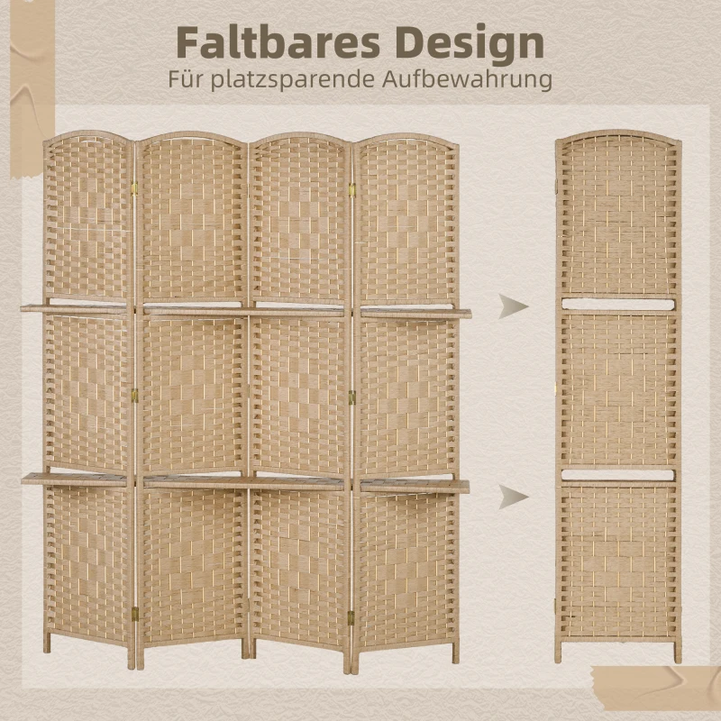 HOMCOM 4-teiliger Paravent, 160 x 170 cm, faltbare Trennwand mit 2 Regalen, Naturholz