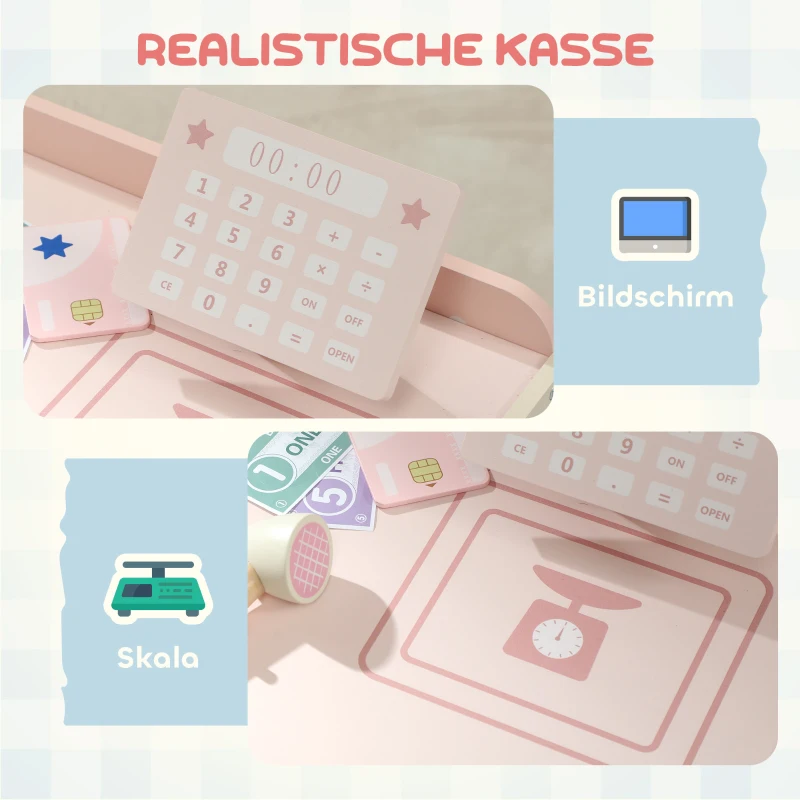 AIYAPLAY Kaufladen für Kinder Kaufladen Supermarkt mit Kasse Scanner Verkaufsautomat Spielzubehör für Kinder ab 3 Jahren Rosa