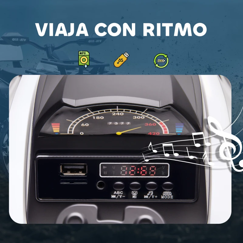 HOMCOM Quad Eléctrico para Niños 12V Quad para Niños de 3–5 Años con 2 Motores Velocidad 3–8 km/h Música Faros LED USB Blanco