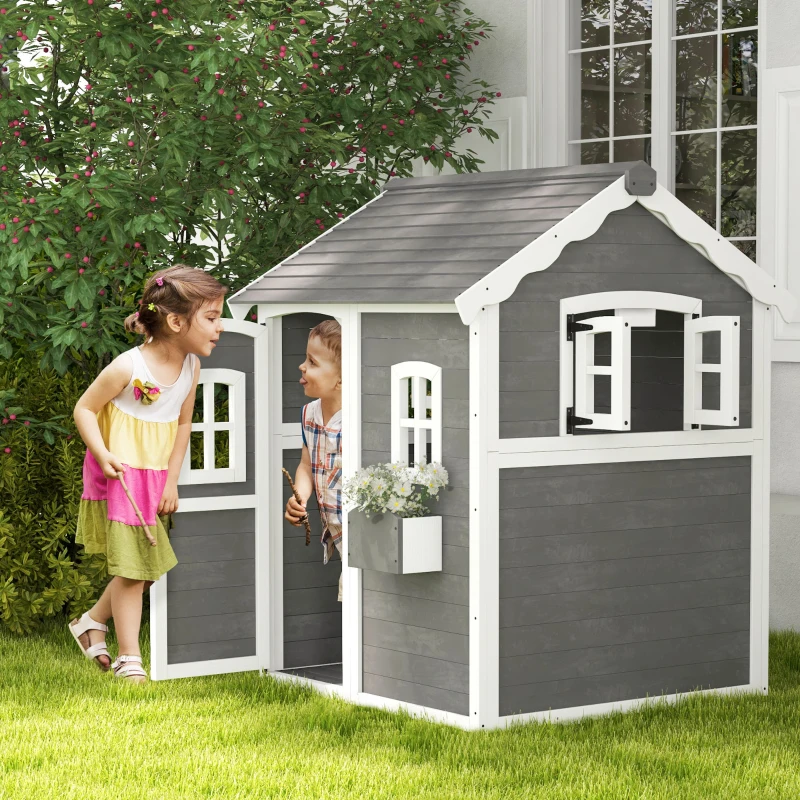 Outsunny Speelhuis voor kinderen, huis voor binnen en buiten met deur, ramen en plantenbak, dennenhout, grijs