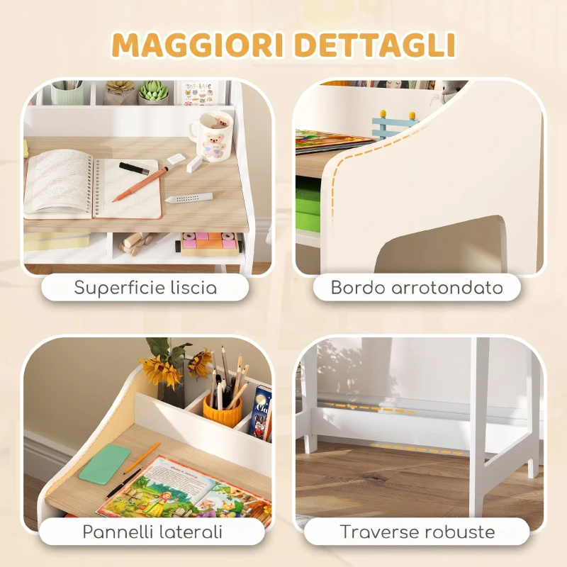AIYAPLAY Set Scrivania e Sedia per Bambini 3-8 Anni con 3 Scomparti Aperti, Bordi Arrotondati, in Legno, Color Legno