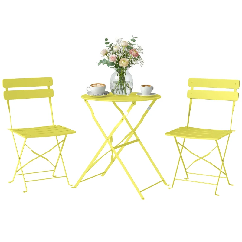 Outsunny 3-teiliges Garten Bistro Set Klappbar Bistrotisch mit 2 Stühlen Lamellen-Sitz Doppelt X-Beine Gelb