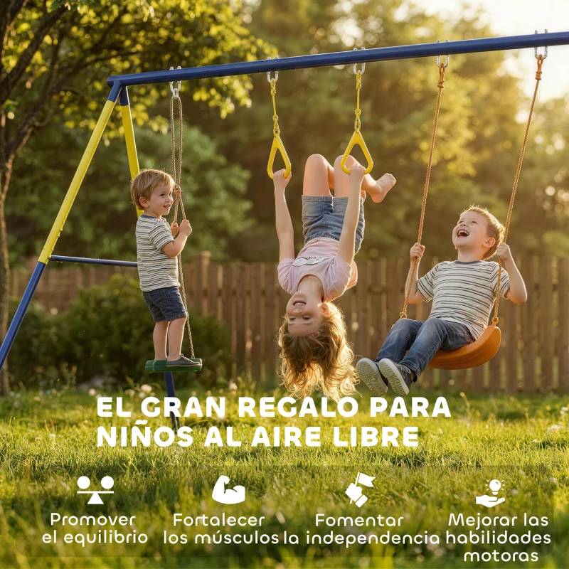 AIYAPLAY Columpio Infantil 3 en 1 Columpio Clásico y de Pie y Aros de Gimnasia Carga 150 kg para Niños de 3 a 8 Años Multicolor