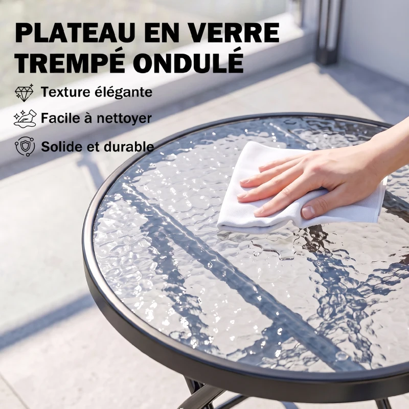 Outsunny Table d'Appoint Ronde Ø 45 x 50 cm, Table Basse de Jardin Pliable en Métal, Plateau en Verre Trempé, Noir