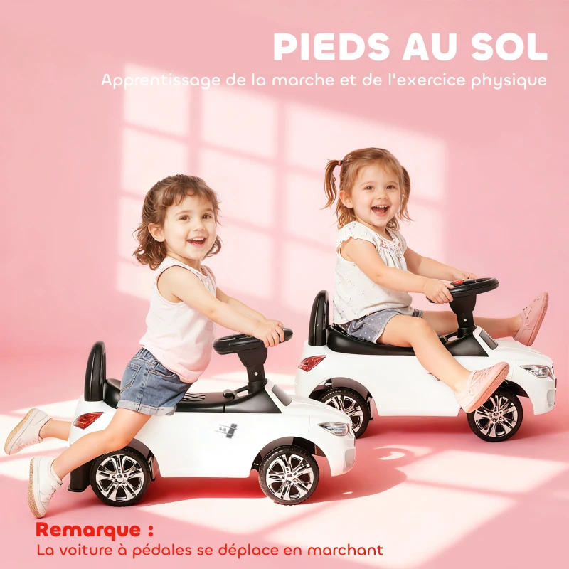 HOMCOM Porteur enfants voiture, véhicule à pousser avec coffre à jouets, klaxon, phares et musique, 63,5 x 28 x 36 cm, blanc