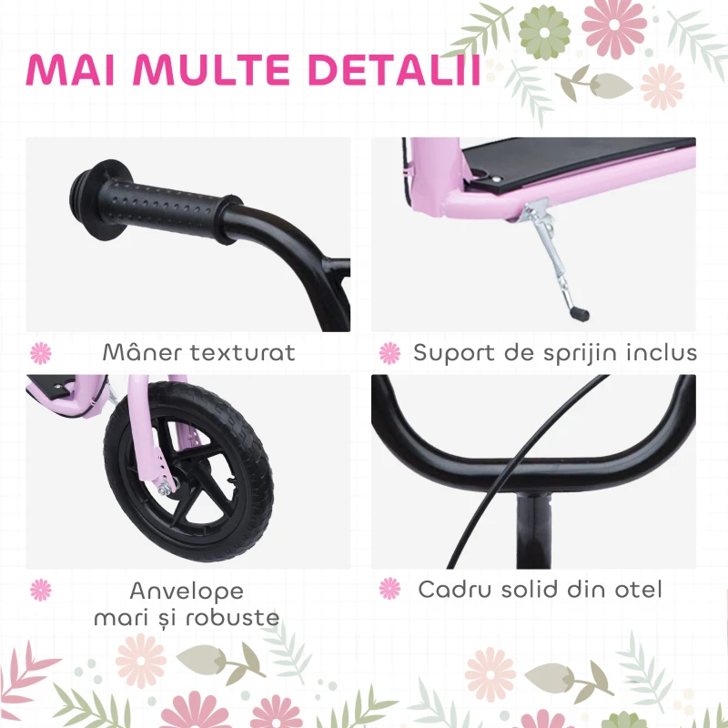 HOMCOM Trotinetă pentru Copii 5-12 Ani cu Frână Posterioară și Ghidon Reglabil, 120x52x80-88 cm, Roz