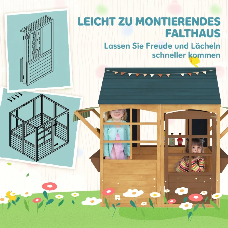AIYAPLAY Kinderspielhaus aus Tannenholz, Faltbares Häuschen mit Fenstern, Tür, für Kinder im Alter von 3-8 Jahren, Braun+Blau