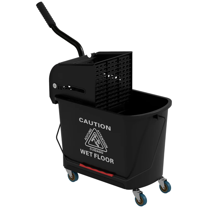 HOMCOM Carucior pentru Curățenie din Plastic PP de 20L cu Găleată și Storcător, 60x27x70.5 cm, Negru