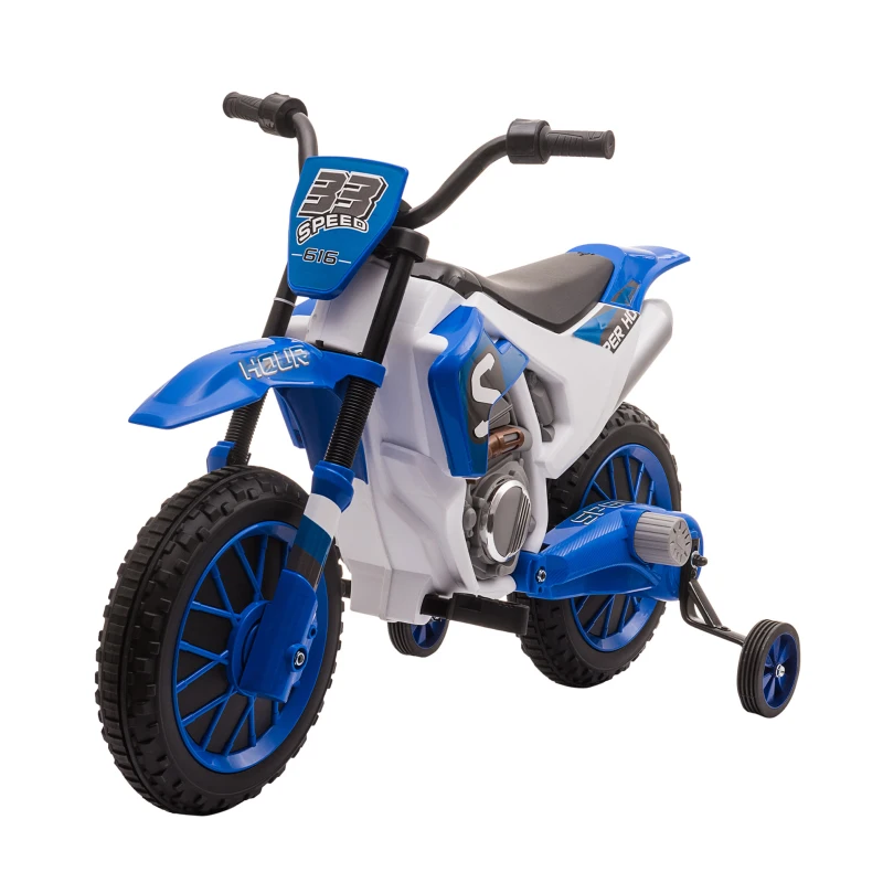 HOMCOM Moto Cross électrique Enfant 3 à 5 Ans 12 V 3-8 Km/h avec roulettes latérales Amovibles dim. 106,5L x 51,5l x 68H cm Bleu(m-11)