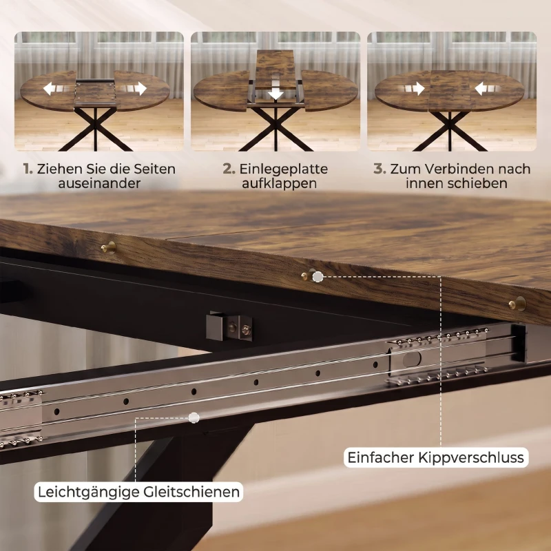 HOMCOM Uitschuifbare eettafel voor 4-6 personen, industriële keukentafel met stalen X-poten, rustiek bruin