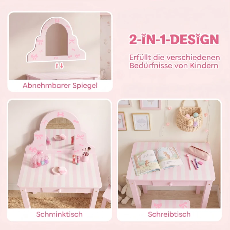 AIYAPLAY Kinder Schminktisch Set 2 in 1 Frisiertisch Schreibtisch mit Hocker abnehmbarem Spiegel Schublade für Mädchen 3-6 Rosa