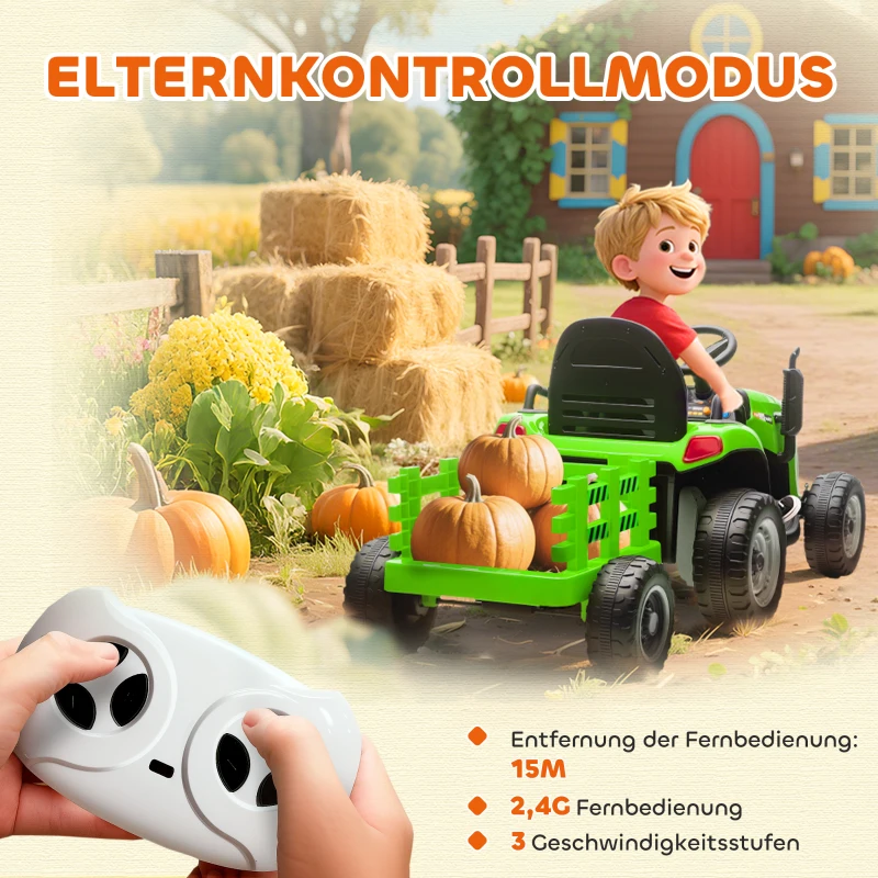 AIYAPLAY Elektrische Kindertraktor, Oprij-Traktor met Afstandsbediening, Zachte Start, voor Kinderen in de leeftijd van 3-8 Jaar, Groen