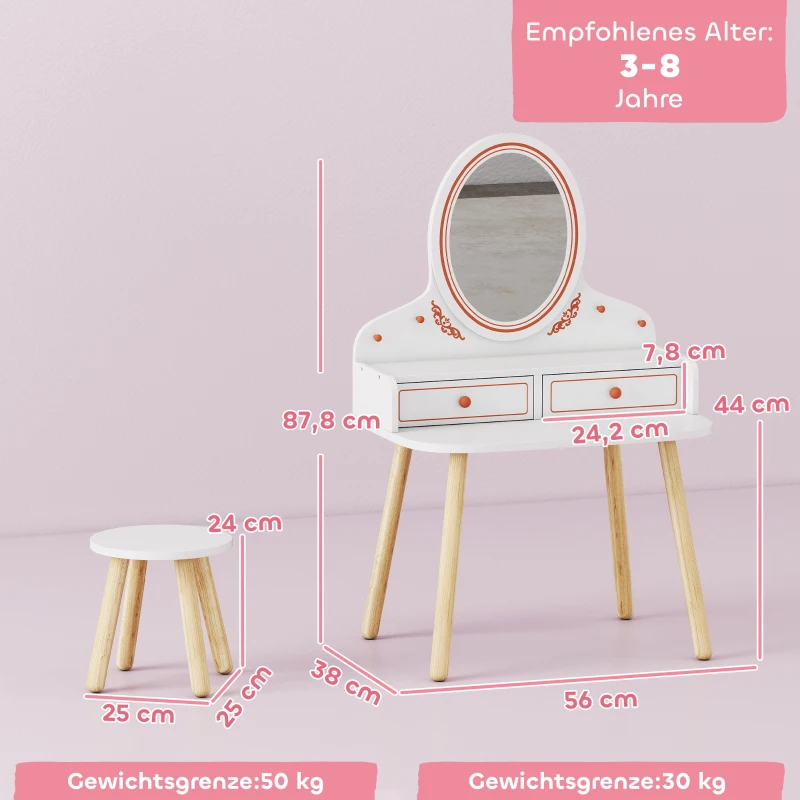 AIYAPLAY Kinder schminktafel set kaptafel met kruk spiegel lades kledingstangen voor 3-8 jaar 56 x 38 x 87,8 cm Wit