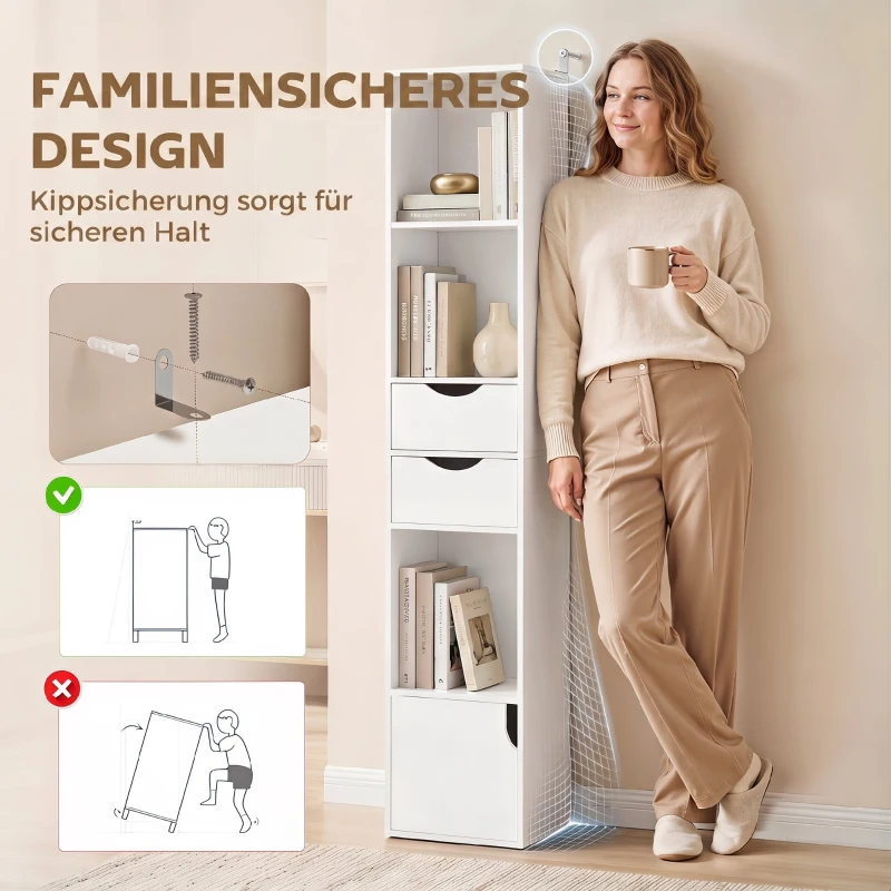 HOMCOM Boekenkast met 2 lades, smalle boekenkast met 3 open schappen, voor kantoor of slaapkamer, 30x24x158 cm, wit