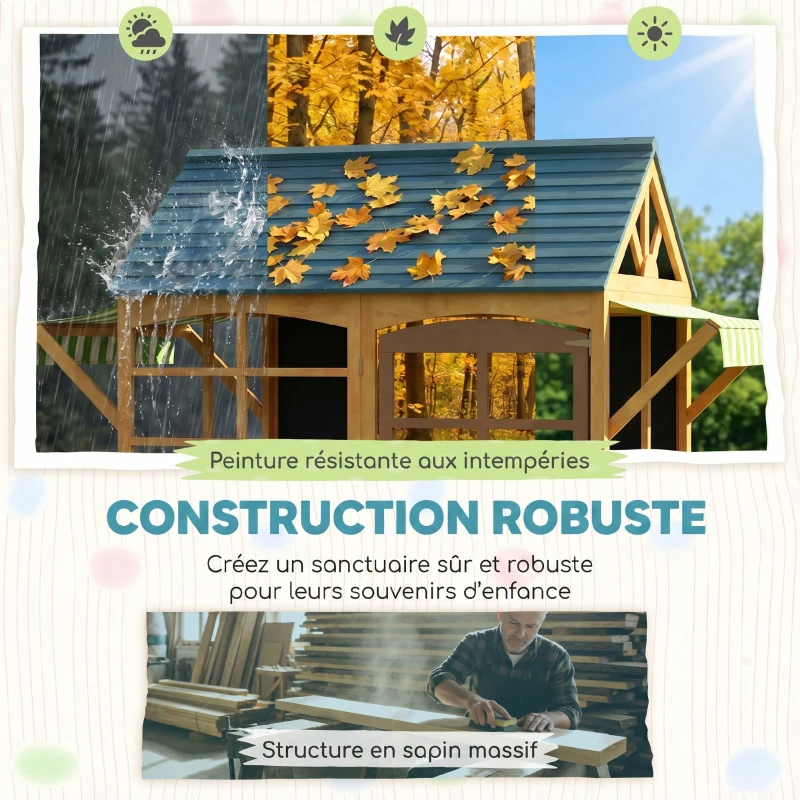 AIYAPLAY Cabane enfant extérieur pliable avec porte, fenêtres, stations de service, auvents de pluie, tableaux noirs, jaune