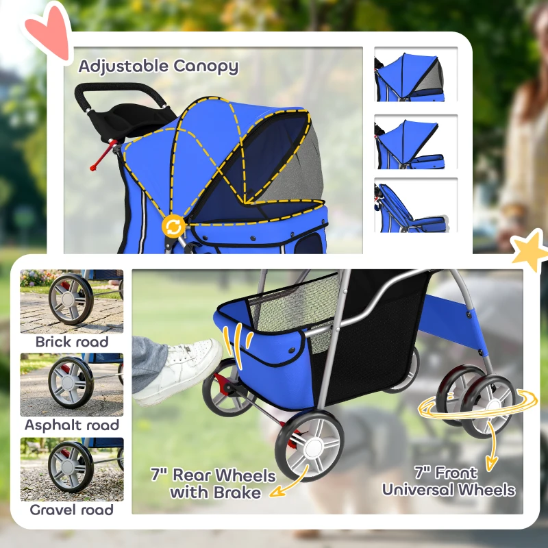 PawHut Dog Pram, Pet Stroller with Reflective Strips, Foldable Cat Stroller with 360° Swivel Wheels, Blue