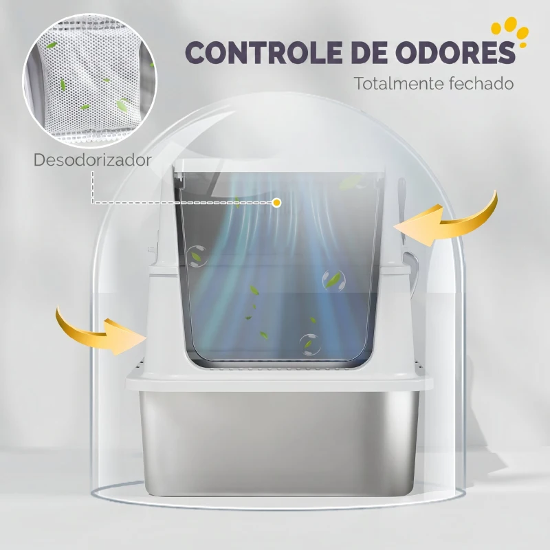 PawHut Caixa de Areia para Gatos Aço Inoxidável Interior XL com Pá Cinza Claro