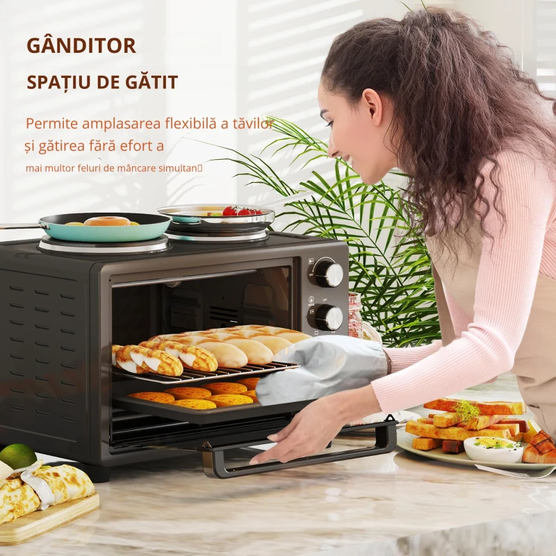 HOMCOM Cuptor Electric de Masă 28L 2600W cu Plăci de Încălzire Temperatură Reglabilă Cronometru Tavă Negru